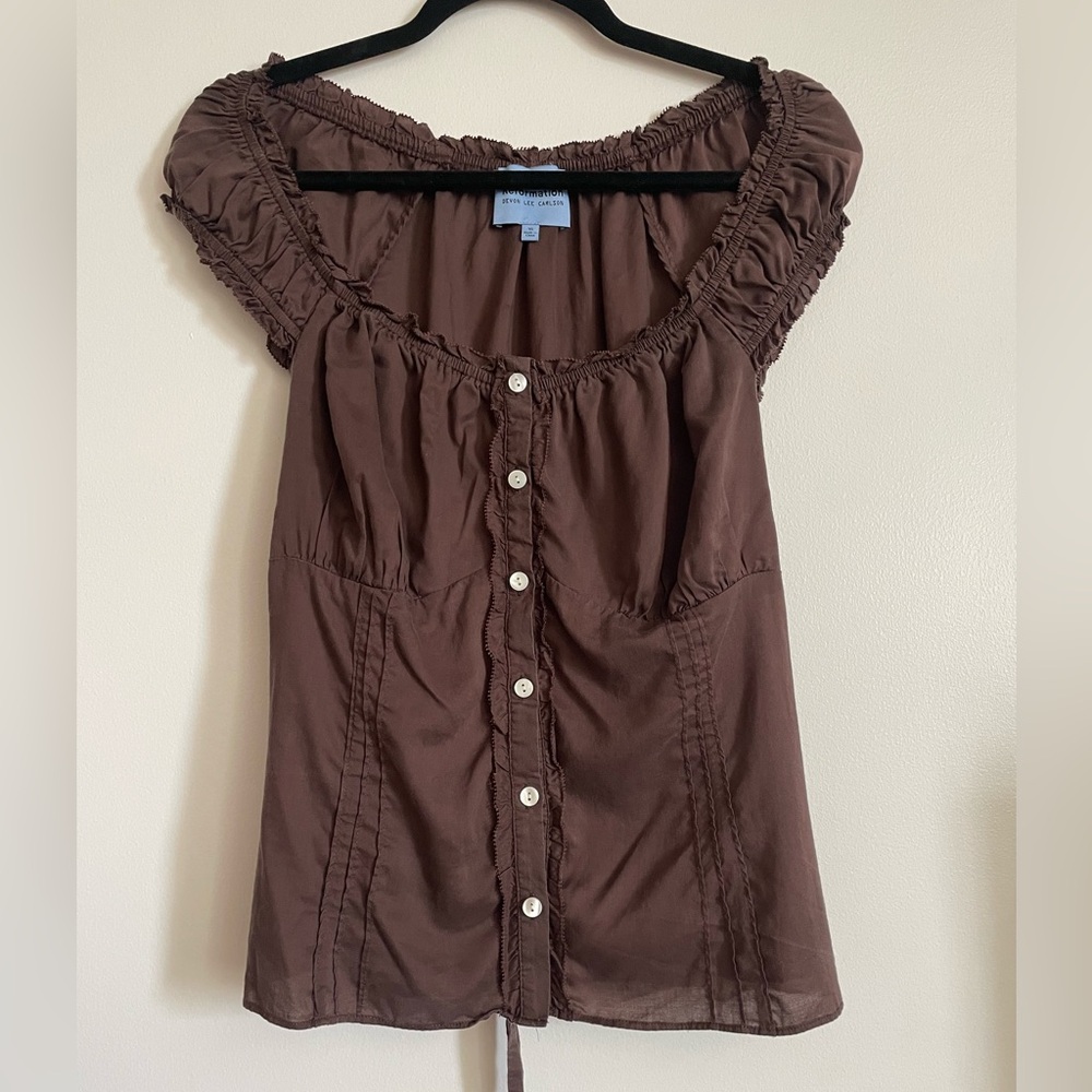 Reformation Brown Ruffle-Trim Button Front Blouse